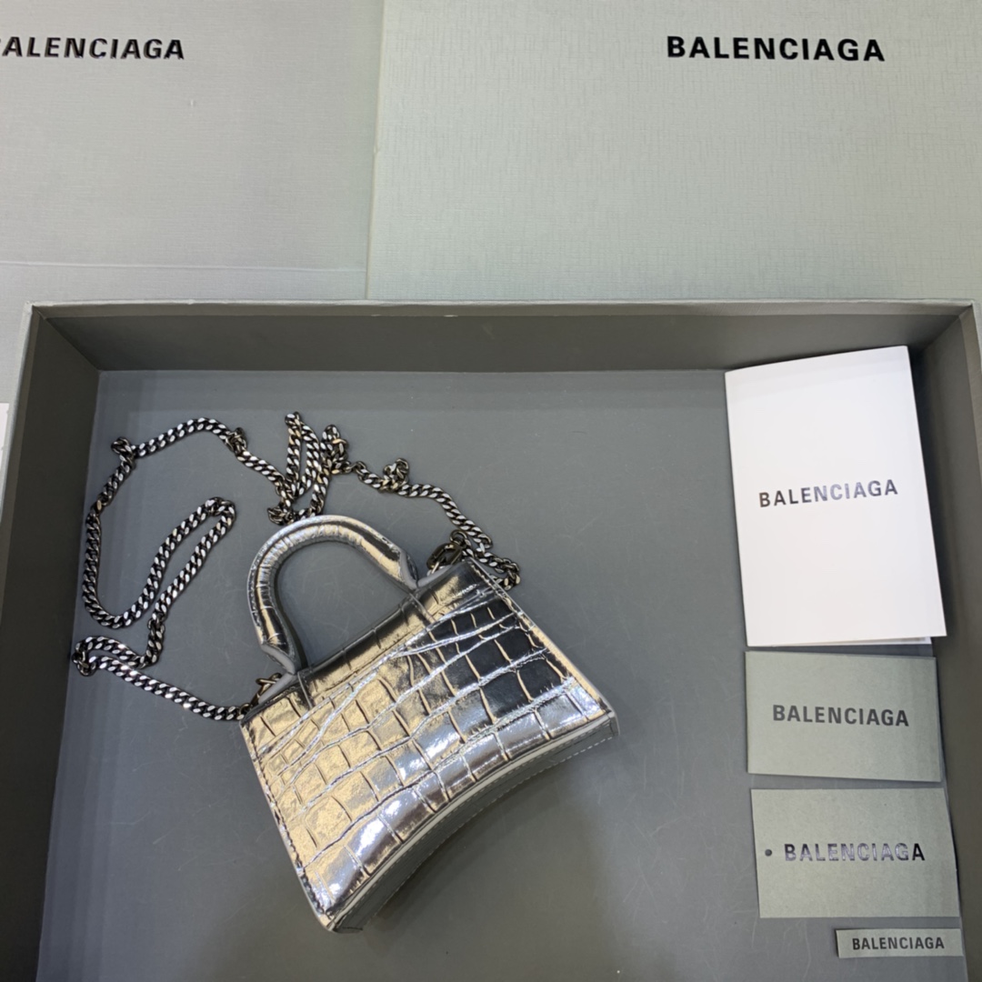 Balenciaga Hourglass Mini Handbag With Chain Crocodile Embossed Shoulder Bag Silver